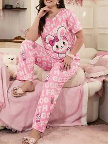 可爱兔子印花短袖上衣和长裤睡衣套装，粉色