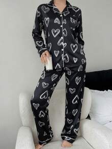 情人节女士卡通爱心睡衣套装（两件套），可爱长袖纽扣衬衫和长裤 - 黑色 - 查看 6