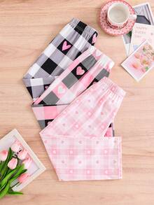 3款女童休闲格子裤，心形图案，宽松阔腿裤，柔软舒适，适合春秋季年轻女孩穿着。 - 彩色 - 查看 4