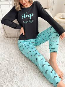 2pcs Women's Spring/Autumn Milk Silk Pajama Set, Long Sleeve Round Neck "SLEEP" Print Top And Pants, Soft & Comfortable Loungewear - Multicolor - View 6