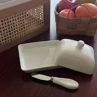 Ceramic White Butter Dish With Lid, Square Butter Box, Cheese & Dairy Preservation, Butter Plate