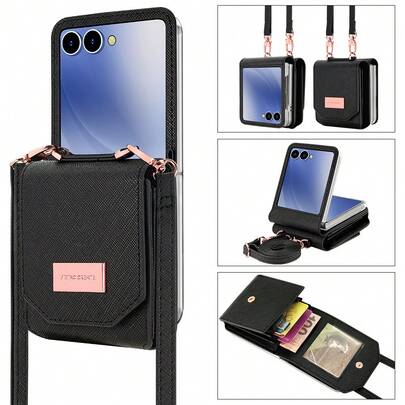 VIETAO Lanyard Faux Leather Wallet Phone Case With Card Slots, Compatible With Samsung Galaxy Z Flip 3 5G, 4, 5, 6, 7