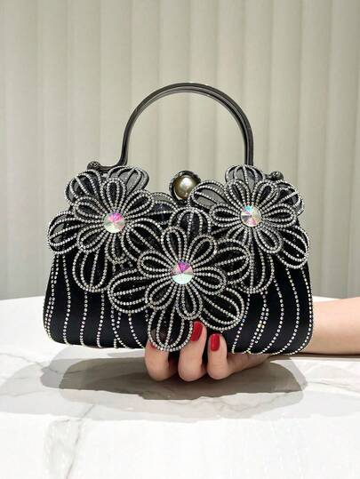1pc Black Glitter Luxury Floral Rhinestone Decor Handbag, Suitable For Women's Formal Dresses, Metal Handle Clutch Bag, Elegant And Fashionable Evening Bag For Banquet, Party, Wedding, Gift For Ladies