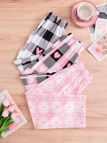 3款女童休闲格子裤，心形图案，宽松阔腿裤，柔软舒适，适合春秋季年轻女孩穿着。 - 彩色 - 查看 1