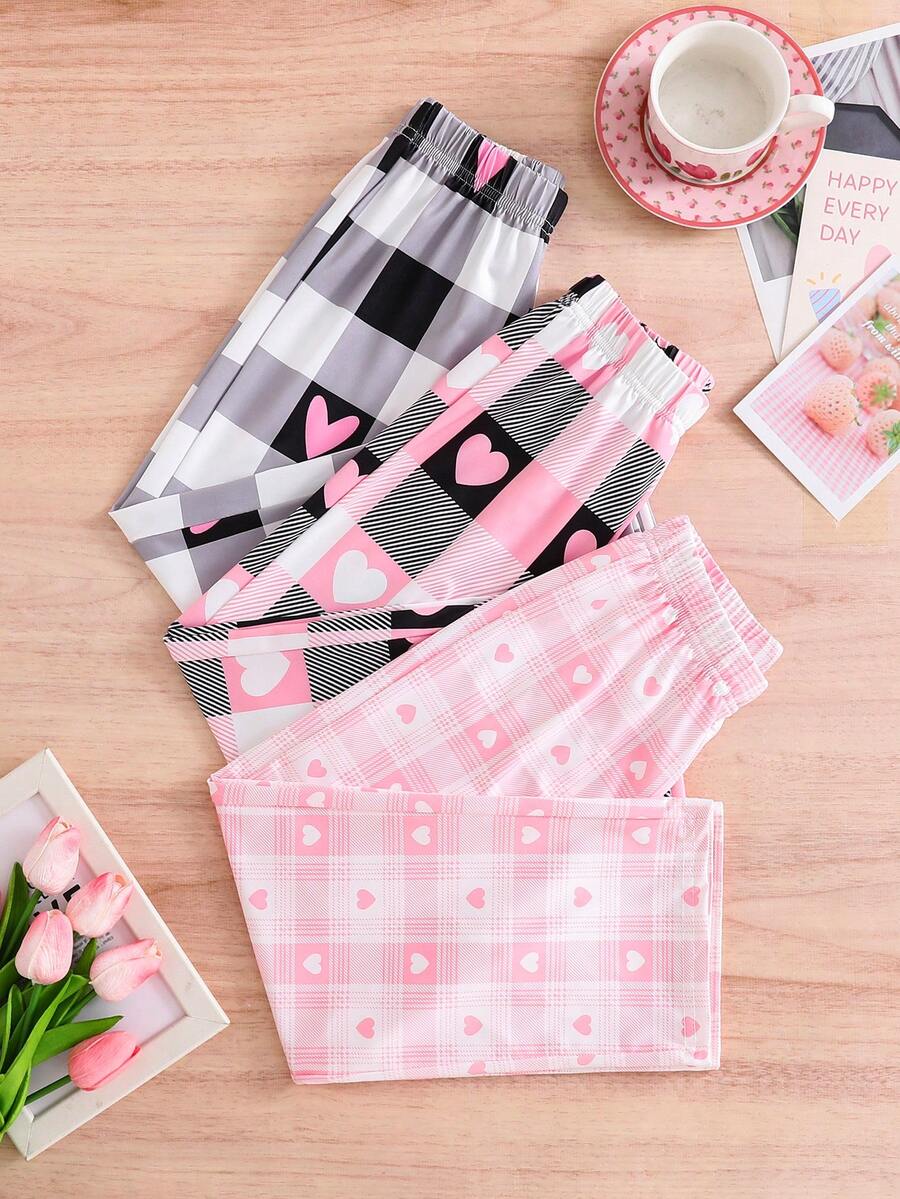 3款女童休闲格子裤，心形图案，宽松阔腿裤，柔软舒适，适合春秋季年轻女孩穿着。 - 彩色 - 查看 1