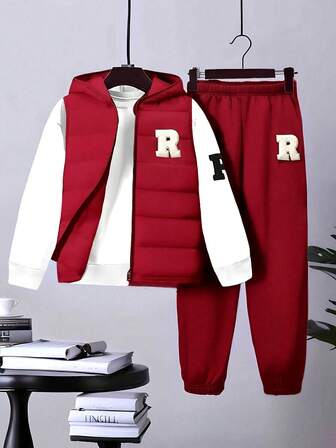 男童保暖套装3件套 - 8-12岁（羊毛背心+卫衣+裤子），秋冬