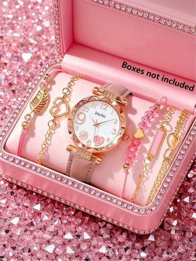 6/5 piezas Reloj de mujer con esfera redonda de fuegos artificiales elegante y de moda, con pulsera de hojas, adecuado para uso diario. Regalo perfecto para mujeres en Navidad, cumpleaños, graduación, regreso a la escuela, vacaciones, San Valentín (sin caja)