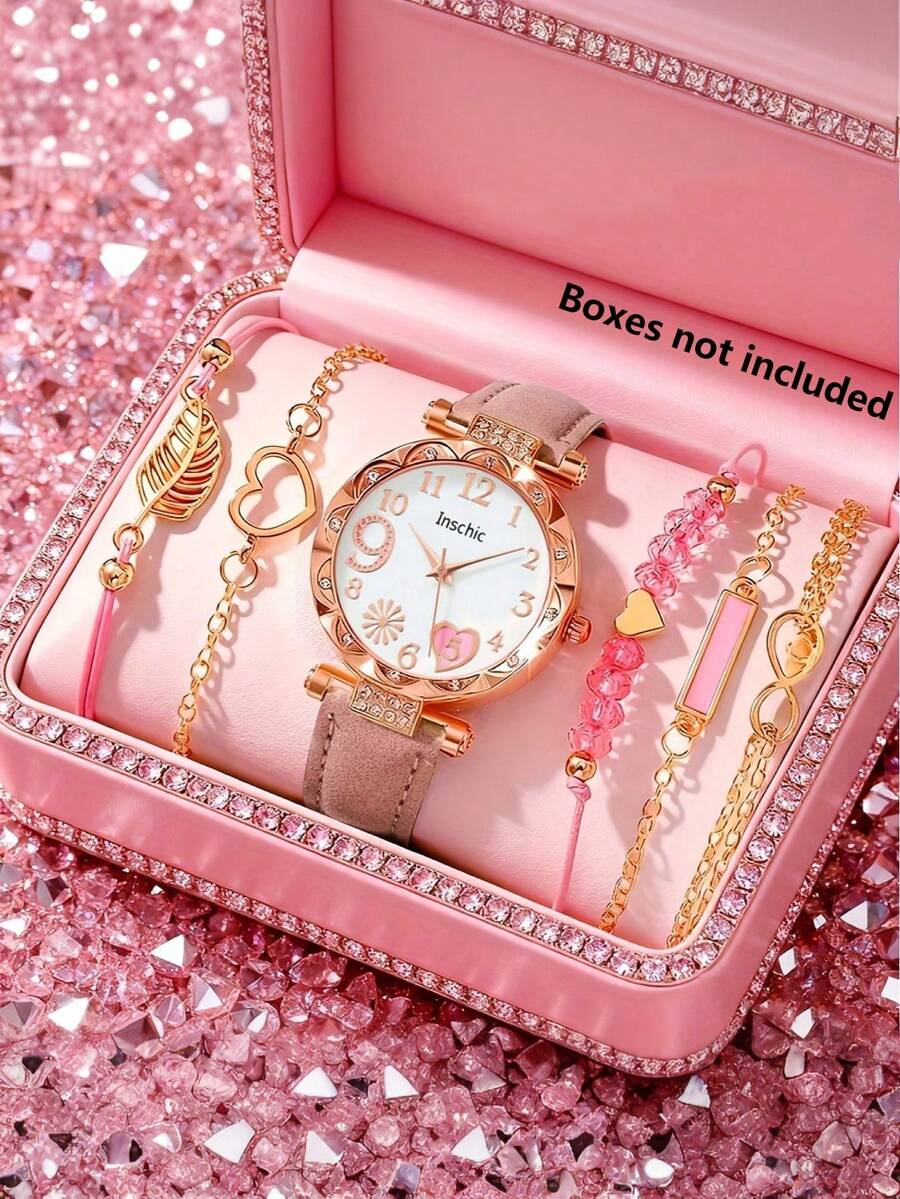Bộ 6/5 đồng hồ nữ mặt tròn thời trang và thanh lịch đồng hồ thạch anh hình pháo hoa kèm vòng đeo tay hình lá thích hợp đeo hàng ngày làm quà tặng Giáng sinh cho nữ trang trí sinh nhật/lễ hội tốt nghiệp trở lại trường ngày lễ du lịch ngày lễ tình nhân quà tặng hoàn hảo cho phụ nữ (không bao gồm hộp) - Nhiều màu - Xem 1