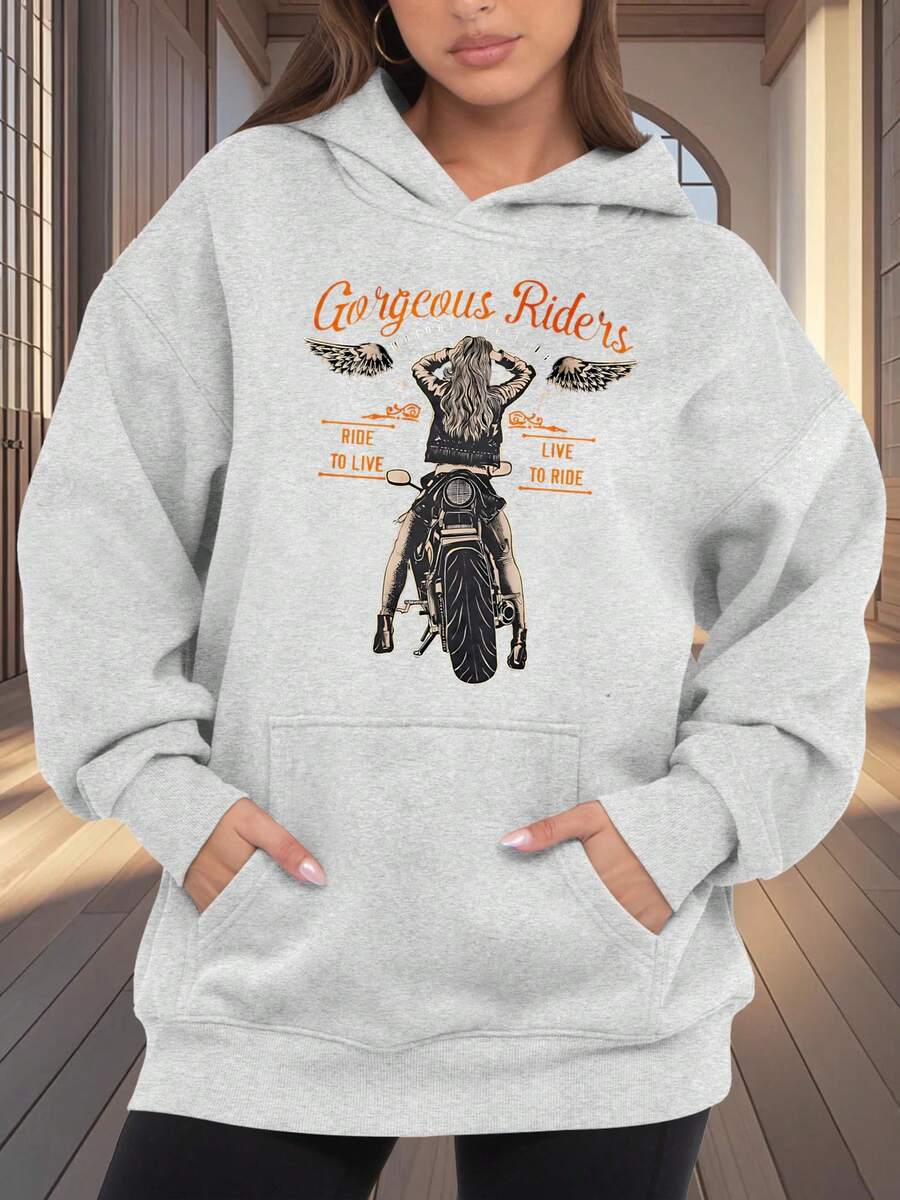 Sudadera con capucha gris claro con estampado de motocicleta y texto Gorgeous Riders Ride to Live Live to Ride para mujeres amantes de las motos - Gris Claro - Ver 1