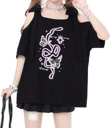 [Jundakara] Camisetas para Mujeres Sin Hombros Estampado de Mariposa Lindo Soñador Estilo Harajuku Estilo Coreano Estilo Preppy Estilo Landmine Estilo Sick Estilo Subcultura Estilo Genial Estudiante Sexy Moda Hogar Lindo Hombro Abierto Primavera Verano Otoño - Negro - Ver 12