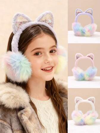 1个儿童冬季耳罩，毛绒保暖耳罩，可折叠猫咪耳罩，适合女孩儿童，保暖户外耳套