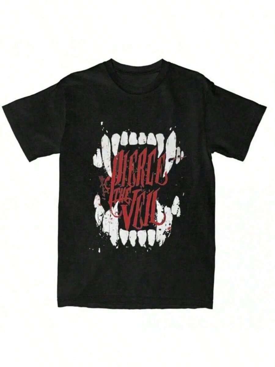 Women's Official Band Merch-Shirt - Black Tee With Red & White Graphic, Washable Polyester Concert Tee PTV Fans, Gothic Heavy Metal Apparel, Music Band Female Tshirts, Fan Collectible, Edgy Aesthetic, Longlasting Material, Unisex Fit, Fashion, Casual Wear, Highquality Print POJU - màu đen - Xem 1
