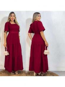 Long Evangelical Dress, Duna Onda Brand, With Princess Sleeves, Lace At The Waist And Elastic At The Back. - Màu Đỏ Sâu - Xem 2
