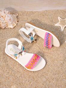 女童夏季刺绣平底凉鞋，波西米亚风，软底防滑沙滩鞋，新款时尚童鞋 - 白色 - 查看 4