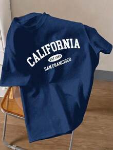 Men's Navy Blue Casual Letter Graphic Round Neck Short Sleeve T-Shirt, Summer - Xanh hải quân 2 - Xem 1
