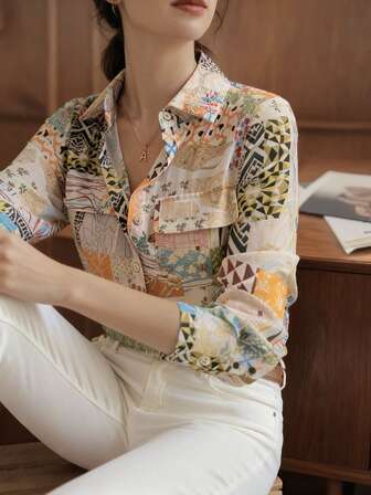 ELVA 女士度假系列优雅花卉几何印花长袖休闲衬衫，春夏款