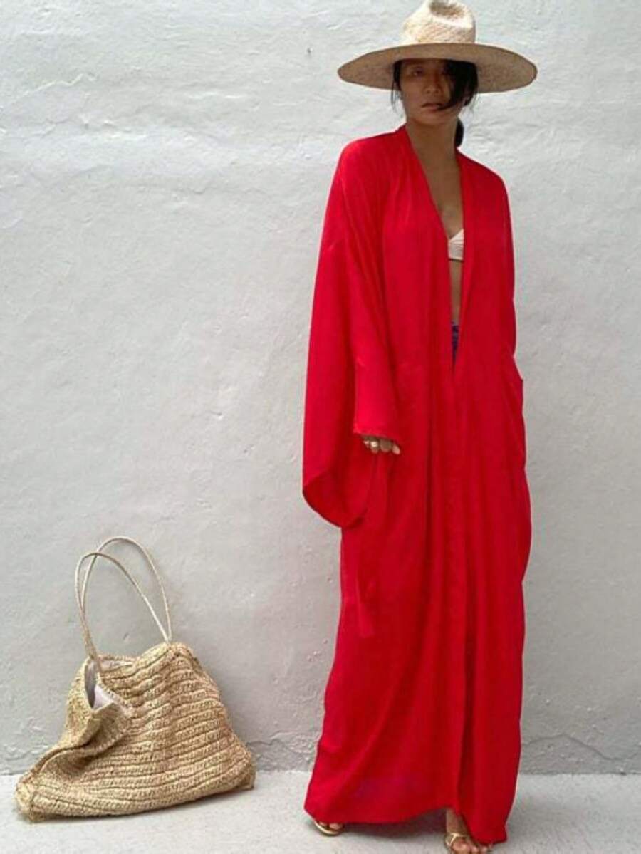 Kimonos For Women Boho Kimono Robe Beach Coverups Womens Beach Blouses Loose Kimono Open Front Kimono Cardigan Over Sized Kimono Duster Kimono Robes With Belt - 紅色 - 查看 1