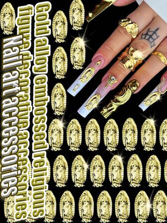 Set de 10 piese fermecătoare din aliaj de aur cu figuri religioase în relief, statui, accesorii pentru decorarea unghiilor, accesorii de bijuterii metalice de lux, bază din aliaj, stil Y2K pentru fete sexy, stil cool al subculturii modei, decorațiuni 3D pentru unghii, pandantive 3D cu stras, decorațiuni japoneze pentru unghii, autocolante presate pentru unghii false DIY fără parfum, accesorii pentru unghii, accesorii pentru unghii cu pietre prețioase, strasuri și decorațiuni.