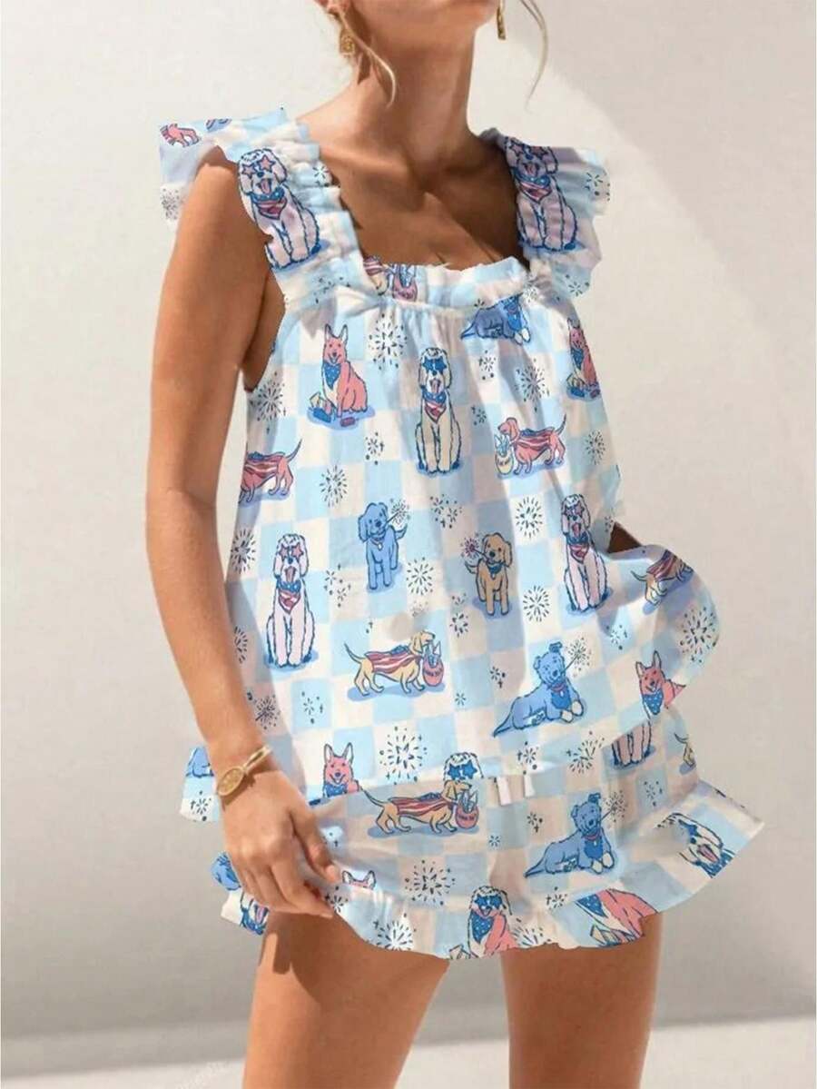 Womens Pajamas Set Bow Floral Print Ruffle Sleeveless Tank Top And Shorts Sleepwear Set Summer 2 Piece Outfits Women Floral Print Pajama Sets 2 Piece Lounge Set Ruffle Trim Sleeveless Top And Shorts Pjs Sleepwear - 藍色狗狗 - 查看 1