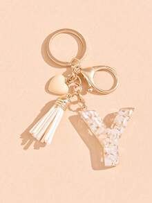 26 Choices Red Epoxy First Initial Letter Keychain, Cute Heart Tassel Keychain, Fashion Bag Accessory Wallet Charm Pendant, Party Favors, Suitable As Gifts For Friends - Beige - View 21