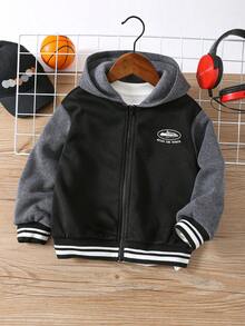 男童休闲连帽卫衣外套，保暖舒适，百搭实用，适合秋冬季日常穿着、上学、旅行和运动。 - 黑色 - 查看 4