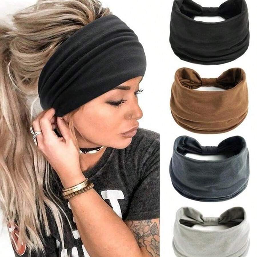 [4PCS Solid Anti-Slip Headbands] 4PCS/Set Solid Colors Sports Headbands With Anti-Slip Knotting, Christmas Gifts Wide & Soft Fashionable Bohemian Headbands-Elastic Yoga Hair Mask, Non-Slip Headbands For Running Sports, Yoga Turban Hair Bands-Hair Accessor  Casual    Polyester    None - 彩色 - 查看 1
