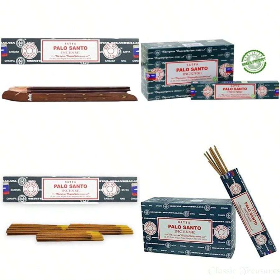 Incienso Masala Satya Sai Nag Champa | Mezcla Premium de Flores y Especias de Excelente Calidad | Hechos a Mano en India en Monasterios Hindues con Porta Incienso Incluido| (, )(Palo Santo 1) - Multicolor - Ver 1