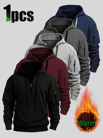 Men's Casual Half-Zip Hooded Fleece Sweatshirt, Outdoor Hiking Minimalist Fashion Hoodie, Autumn/Winter