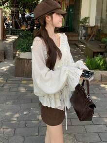 Soft & Sweet Knit Cinched Waist Cardigan, Suitable For Spring/Autumn - White - View 5