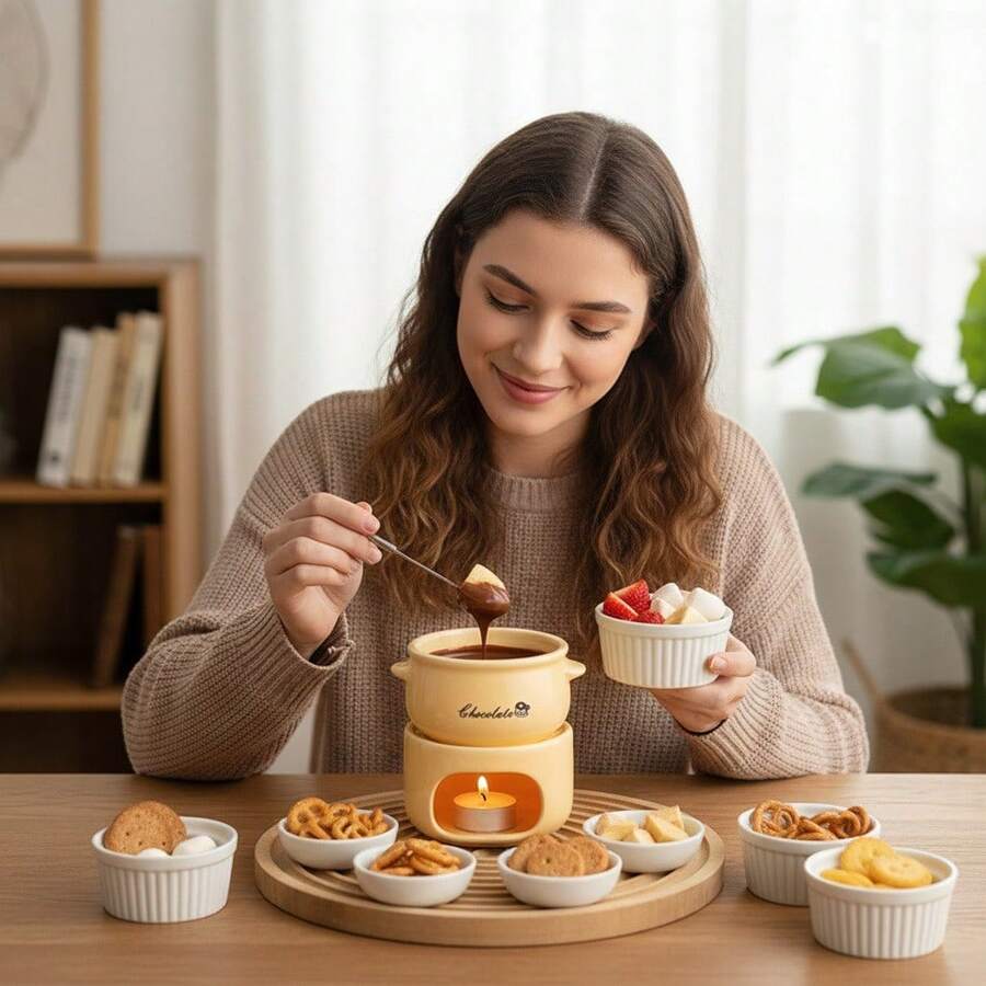 1个，西式巧克力火锅陶瓷杯，陶瓷可拆卸奶酪、奶酪、冰淇淋和奶酪融化炉，圣诞节、感恩节和万圣节的理想礼物，派对用具，高端用具，奶酪融化装置，甜点锅。 - 彩色 - 查看 1