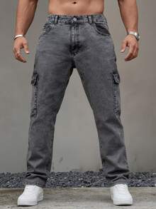 Men's Fashionable Casual Cargo Pocket Denim Jeans - Grey - View 4