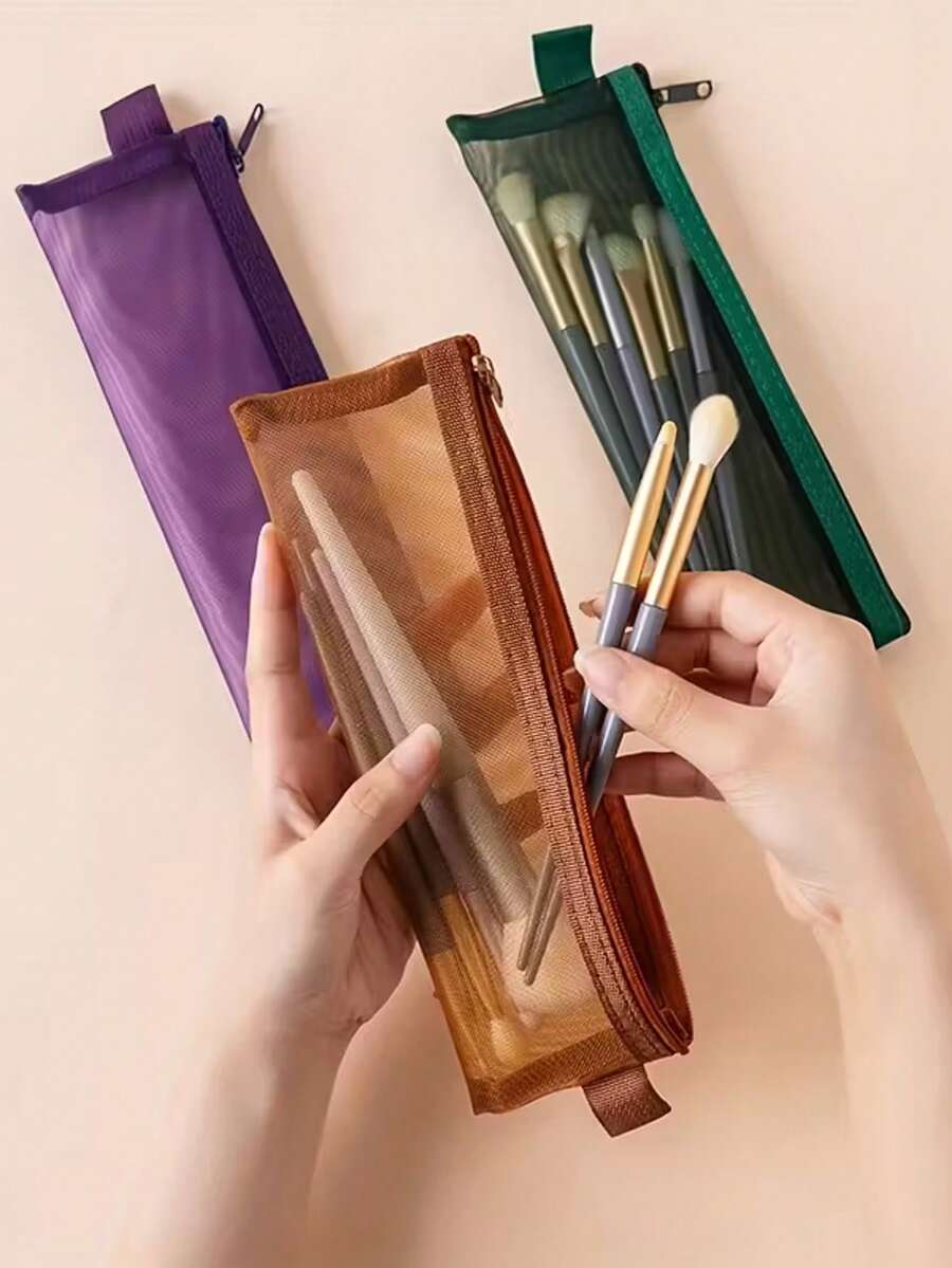 1件/2件 尼龍網格化妝刷收納袋,多色可選,透明拉鍊,適用於眉筆、睫毛刷等,便攜迷你美妝配件 - 彩色 - 查看 1