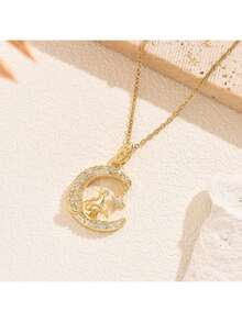 1件18K镀金不锈钢立方氧化锆月亮猫项链，韩版时尚休闲简约百搭吊坠，适合女性日常、通勤、街头、派对、情人节、母亲节、节日佩戴（OPP袋包装） - 金黃色 - 查看 2