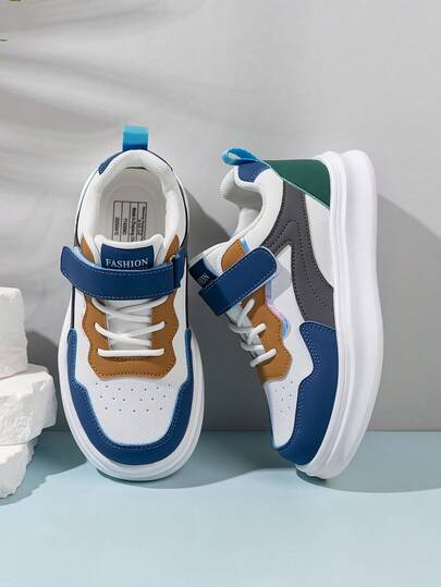 1 Pair Multi-Color Patchwork Design Kids Sports Sneakers, New Spring/Autumn Children Athletic Shoes, Non-Slip Durable Unisex Student Casual Breathable Flat Shoes