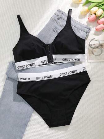 1 เซ็ต, 2 ชิ้น ชุดชั้นในสตรีไซส์ใหญ่แบบไร้สาย ติดกระดุมด้านหน้า ลายตัวอักษร สวมใส่สบาย