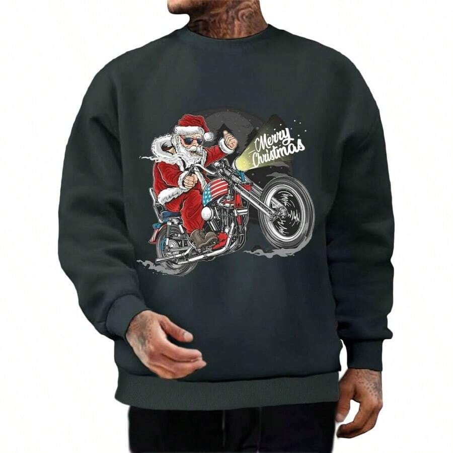 Sudadera divertida con estampado de Pap Noel para hombre, playera de manga larga con estampado navideo, casual, festividades, a - Motocicleta gris oscuro Old Man + XL - Ver 1