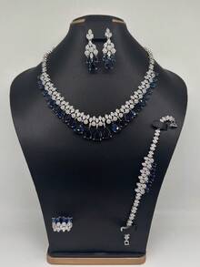 4 件套女士奢华珠宝套装，铜镶嵌绿色和粉色锆石项链、耳环、戒指、手链、新娘珠宝套装，情人节送给女友的礼物 - 粉色 - 查看 12