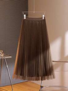 LuminousWealth Women's Elegant Pleated Mesh A-Line Skirt, Suitable For Casual Or Office Wear, Minimalist & Graceful | Polyester Mesh Skirt - Brown - View 1