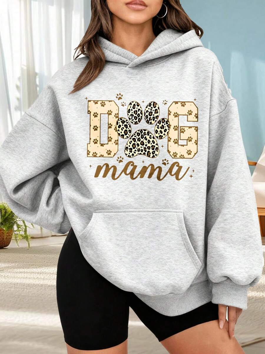Fashionable Outdoor Hooded Sweater For Women. Black Hoodie With Dog Paw Print And "Dog Mama" Text For Dog Lovers. Casual Style. Perfect For Dates, Outings, And Holiday Gifts. - 淺灰色 - 查看 1