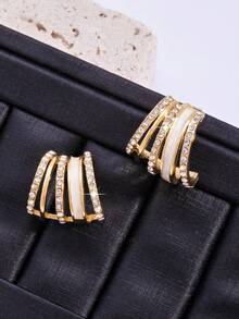 1对时尚水钻爪镶几何耳环，优雅法式百搭耳钉（无卡片） - 金色 - 查看 4