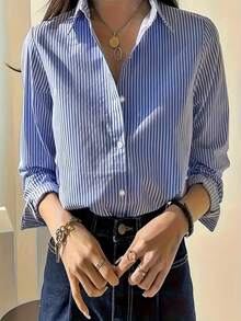 Blusa de mujer de manga larga con botones y rayas, de material de poliéster versátil, adecuada para uso diario en primavera - Azul - Ver 4