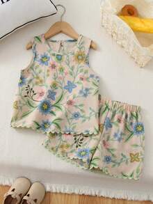 Conjunto de 2 piezas de chaleco y pantalones casuales y dulces para niñas, top sin mangas y conjunto de pantalones ligeros, para verano - Albaricoque - Ver 1