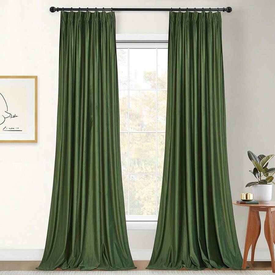 Olive Green Pinch Pleated Curtains 96 Inches Long, Thermal Insulated Window Drapes With Hooks, Soft Track System Panels Living Room, W38 X L96, 2 Panels, Home Decor - 苔綠色 - 查看 1