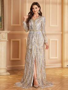女士V领长袖亮片斑马纹优雅派对连衣裙，配可拆卸腰带 - 米色 - 查看 7