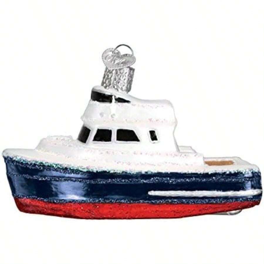 Old World Christmas Fisherman Collection Adornos de Vidrio soplado para Motor de árbol de Navidad, Motor Fuera de borda(Barco de alquiler) - Multicolor - Ver 1