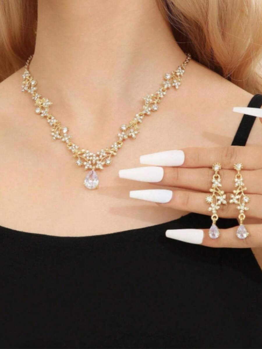 3pcs Cubic Zirconia Decor Jewelry Set - Gold - View 1