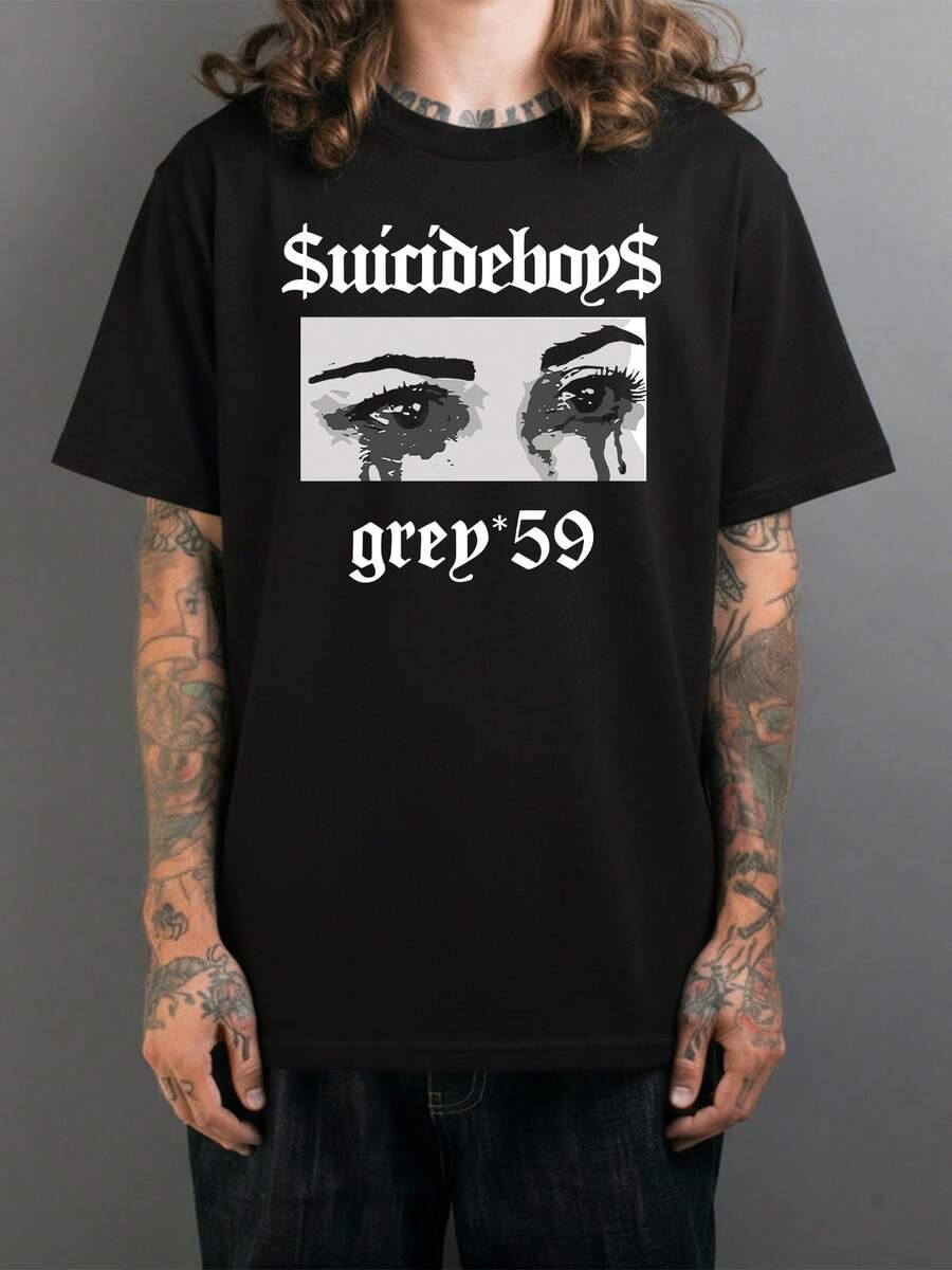 Men's Basic Suicide Boys T-Shirt With Underground Rap Streetwear Print, Black, 100% Cotton, Soft Touch - 黑色 - 查看 1