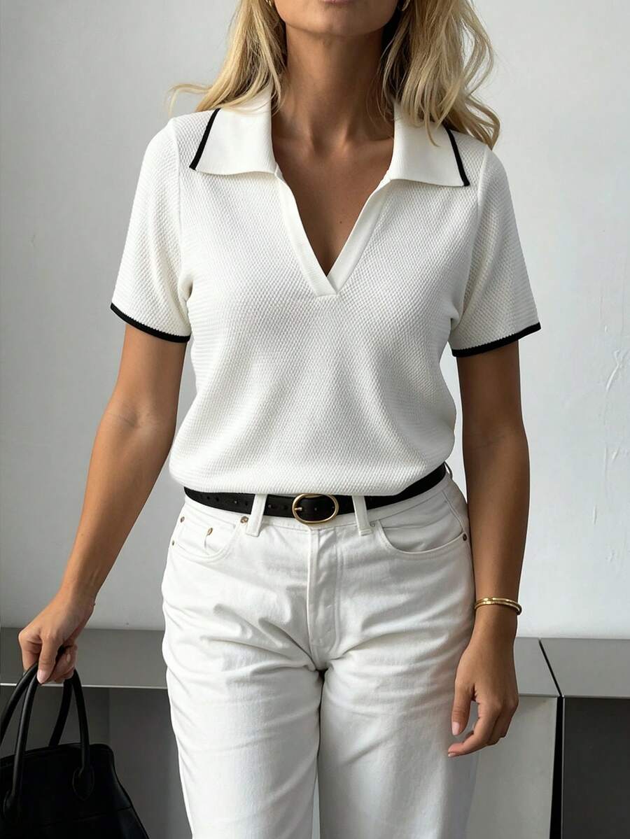 时尚春夏女式 Polo 领针织 T 恤，休闲短袖上衣，简约风格 - 白色 - 查看 1
