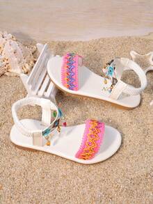 女童夏季刺绣平底凉鞋，波西米亚风，软底防滑沙滩鞋，新款时尚童鞋 - 白色 - 查看 5