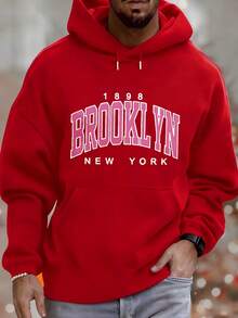 Men's Hoodie, Brooklyn New York 1898 Print Design, Casual Autumn And Winter Clothing, Versatile Top Suitable For Leisure And Sports Outfits, Fashion Gift, Best Choice For Festival Gifts - 紅色 - 查看 6